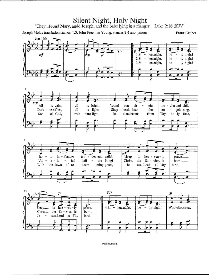 Silent Night Holy Night Digital Hymn Tune With Lyrics Key of B Flat Etsy