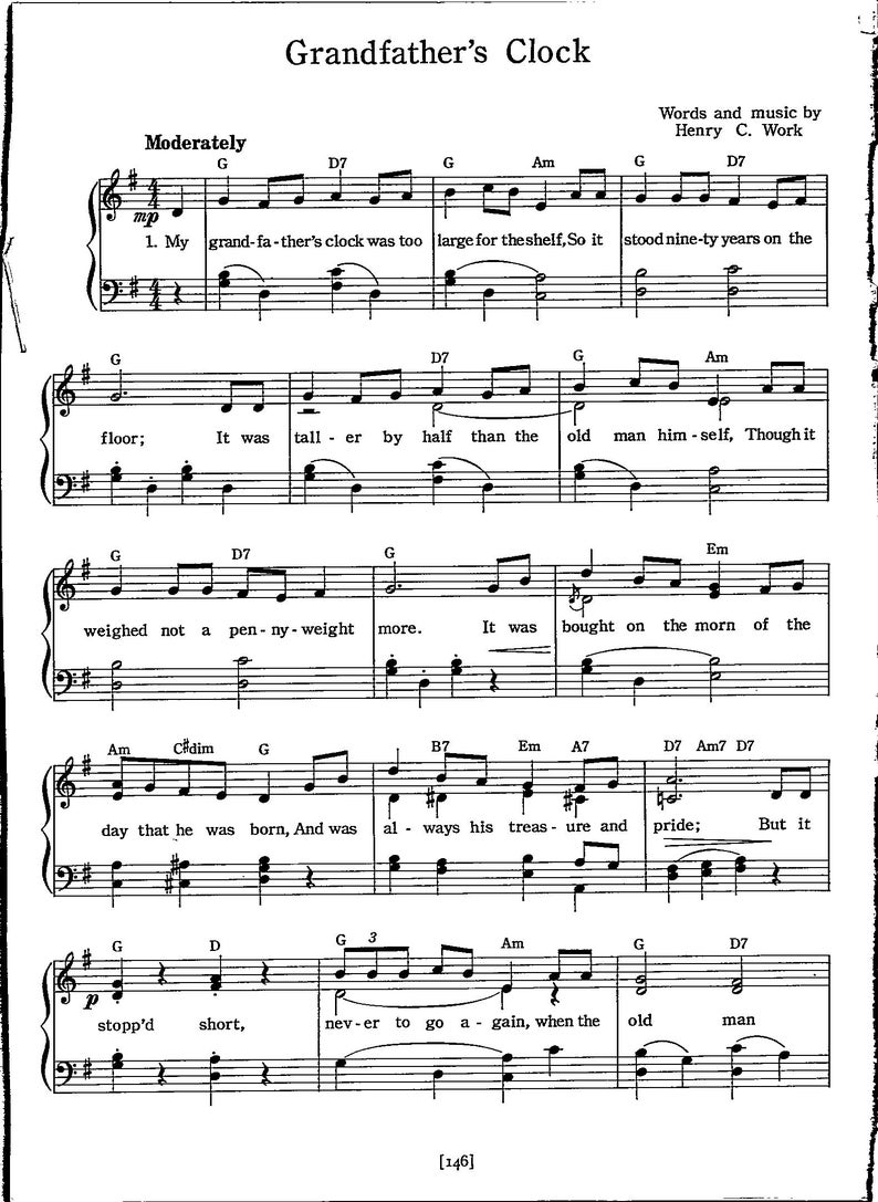 Grandfather's Clock Digital Sheet Music Key of G Etsy