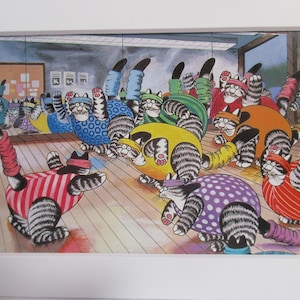Postal artística de dibujos animados de Kliban Cats JAZZERCISE CATS 5" X 7" en tapete blanco #29
