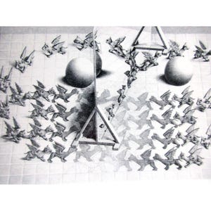 May include: A black and white Escher-style print featuring winged cat-like creatures in a tessellation pattern. Spherical objects and geometric shapes are also present, creating a complex and visually intriguing design. The artwork is on a tiled surface.