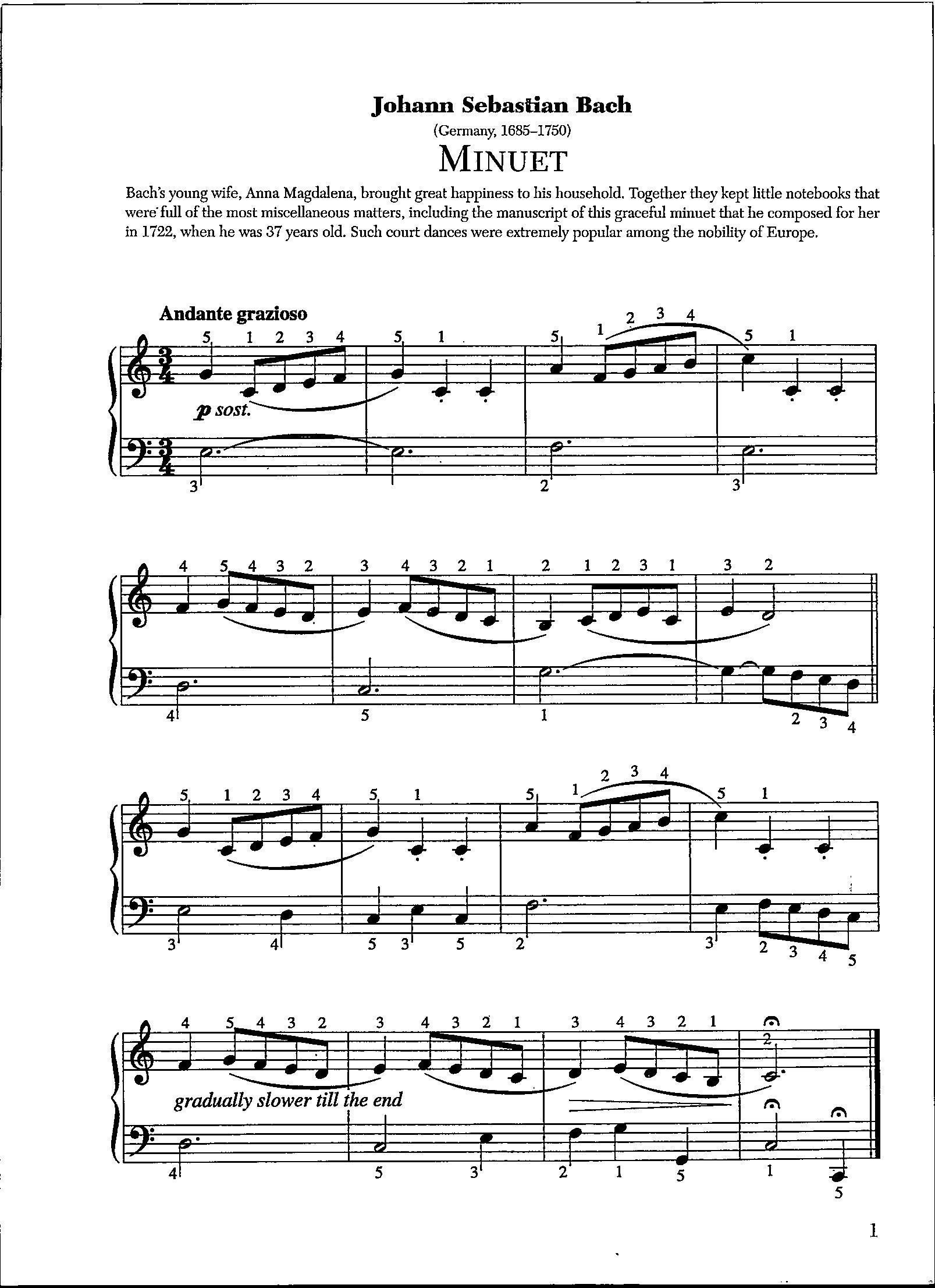 Minuet Digital Piano Sheet Music by Johann Sebastian Bach Beginner Level Key of C