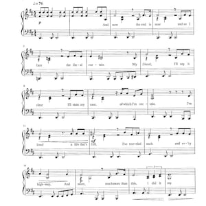 May include: A sheet music score for the song "My Way" by Frank Sinatra. The lyrics are by Paul Anka. The music is written in standard notation with a key signature of 4 flats and a time signature of 4/4. The tempo is marked as 76 beats per minute.
