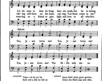 May include: A black and white sheet music page with the title "Jesus Loves Me" and lyrics in English and German. The music is written in a traditional style with notes and clefs. The sheet music is from The Grace of Jesus Christ hymnal.