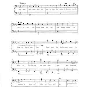 Puede incluir: Una partitura musical para la canción de marineros "Wellerman". Las letras están impresas en tinta negra sobre un fondo blanco. La música está escrita en clave de sol e incluye las palabras "There once was a ship put out to sea, the name of the ship was the", "Bill-y o' Ten. The winds blew up, her bow dipped down. Oh", "blow, my bull-y boys blow. Soon, may the Well-er-man come, to", "bring us su-gar and tea and rum. One day, when the", "ton-guin' is done we'll take our leave and go."