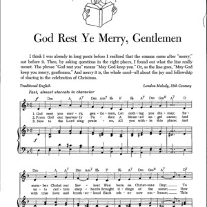 May include: A black and white illustration of a group of people singing from a book. The title of the song is "God Rest Ye Merry, Gentlemen". The lyrics are printed below the illustration. The lyrics include the words "God rest you merry, gentlemen", "From God our heavenly Father", and "Now to the Lord sing praises".