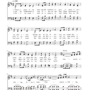 Puede incluir: Una página de partitura musical con el título "Constantly Abiding" de Anne May Sebring Murphy. La música está escrita en clave de sol, en Do mayor y en compás de 4/4. La letra trata sobre encontrar la paz y la alegría en la presencia de Dios.