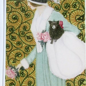 Cartão de nota - Mulher com cachorro preto e casaco de pele branca por Mela Koehler 1910