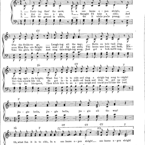 Jingle Bells Christmas Carol Digital Piano Vocal Guitar Sheet Music Key of F