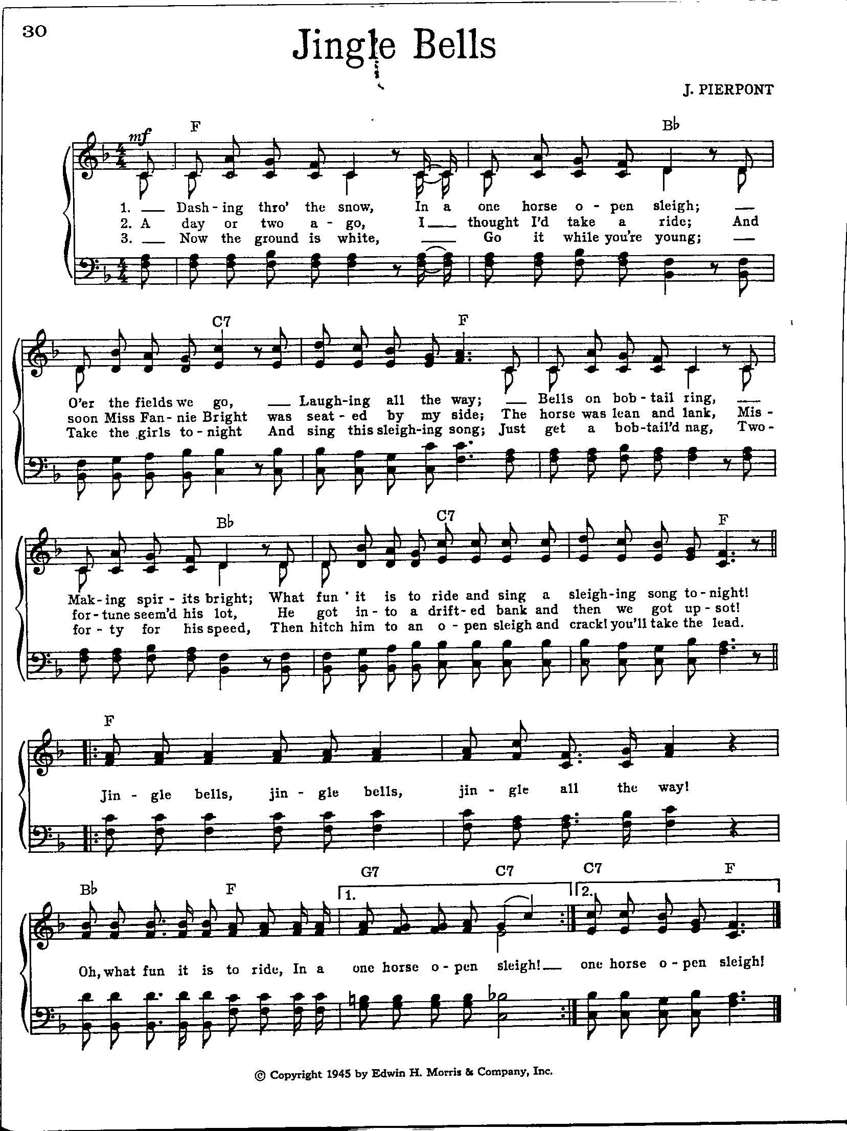 Jingle Bells Christmas Carol Digital Piano Vocal Guitar Sheet Music Key of  F -  Denmark