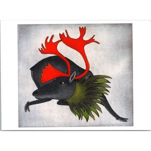 Carte postale Dorset PRINTEMPS CARIBOU 1995 par Qavavau Manumie Art inuit 6,5 x 4,75 po