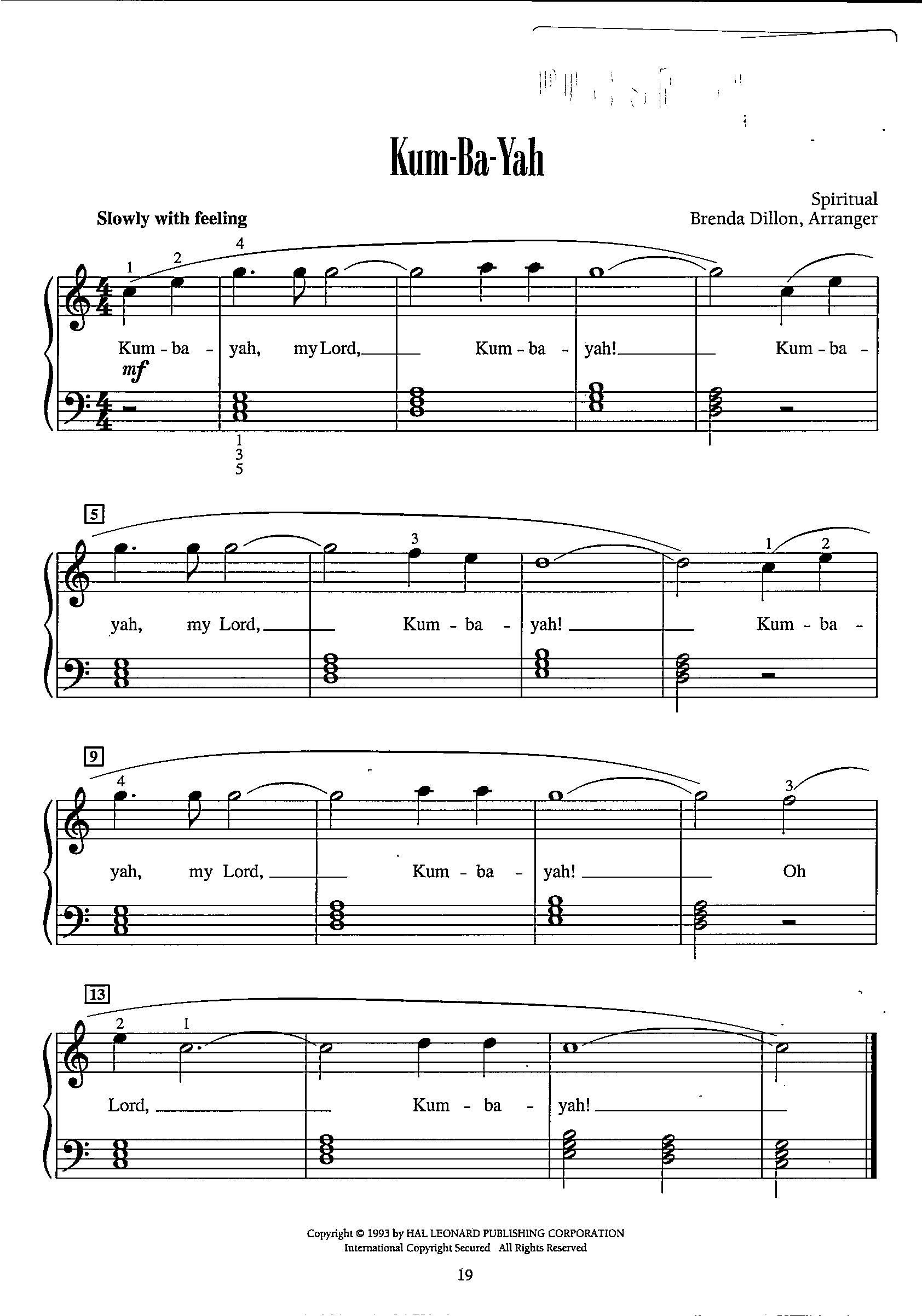 Kum Ba Yah Digital Piano Keyboard Sheet Music Beginner Level Key of C ...