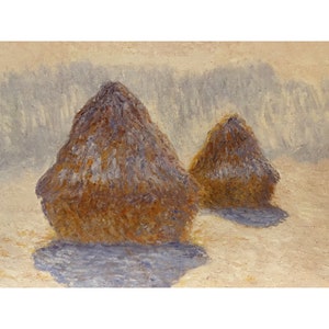 May include: Two large haystacks in a field, painted in a hazy, impressionistic style with soft, muted colors of brown, yellow, and blue.