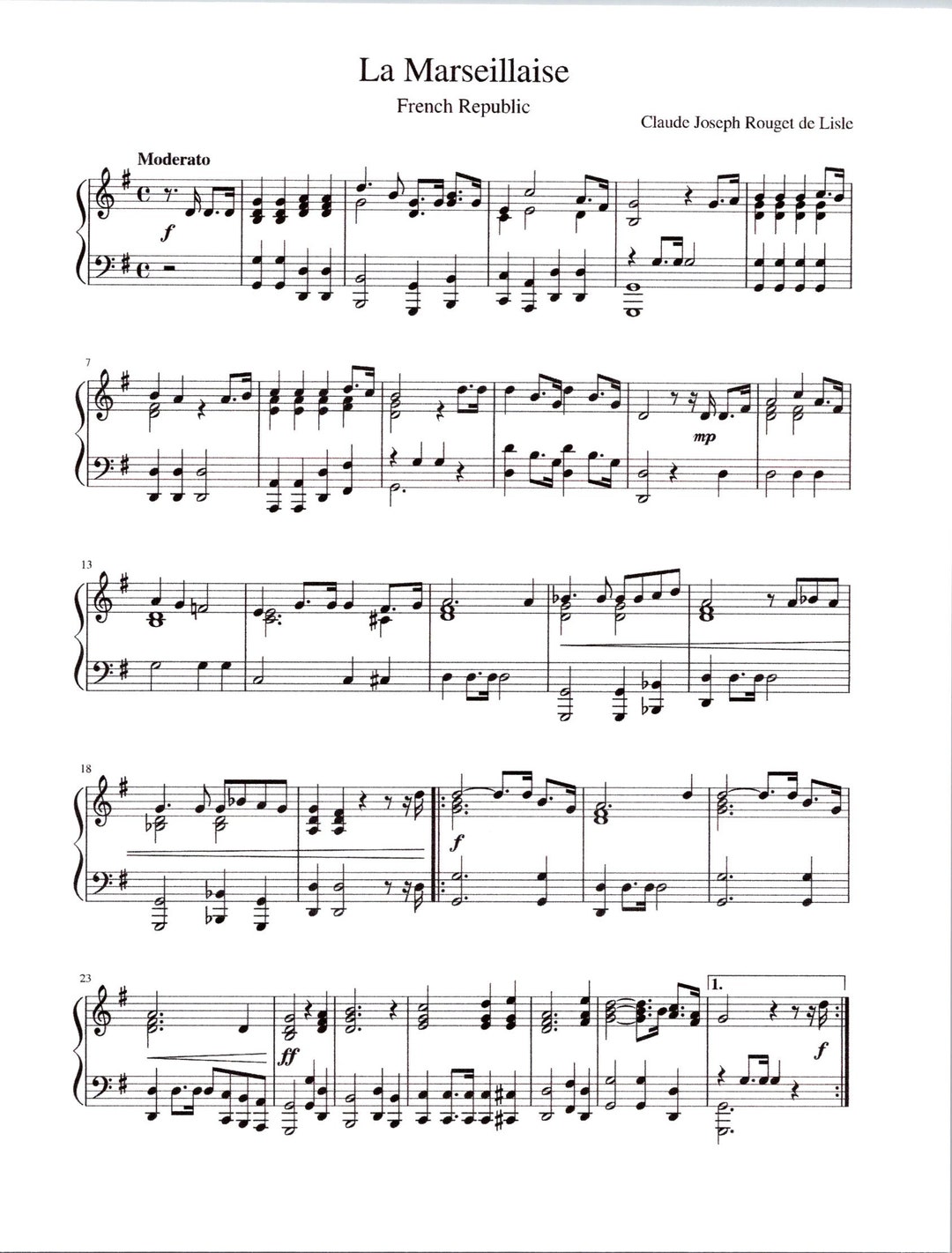 La Marseillaise French Republic - Digital Piano Solo Sheet Music