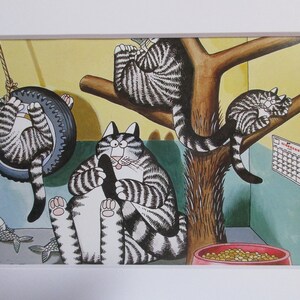 Postal artística de dibujos animados de gatos Kliban GATOS CONTENTOS 5 "X 7" en tapete blanco # 19