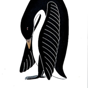 May include: Black and white stonecut and stencil print of a young goose preening. The print is titled "Young Goose Preening, 1990" and signed by the artist, Kavavaow Mannomee. The print measures 25 by 18 1/2 inches.