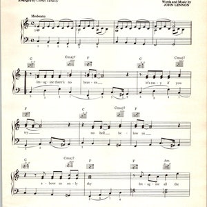 Puede incluir: Partitura musical para la canción "Imagine" de John Lennon. La música está arreglada para piano e incluye la letra de la canción.