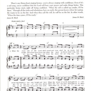 Puede incluir: Una página de partitura musical con el título "When the Roll Is Called Up Yonder" y la letra de un himno. La música está escrita en notación musical estándar con claves de sol y fa. La letra está impresa en negro sobre fondo blanco.
