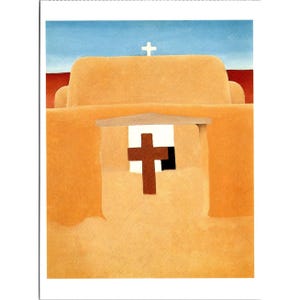May include: A painting of a tan adobe building with a brown cross in a window. The building has a flat roof with a white cross on top. The sky is blue with a red band at the horizon.