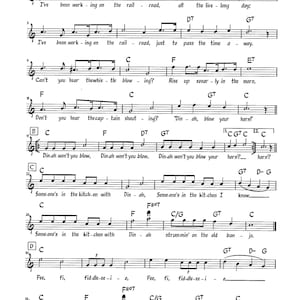 May include: A sheet music score for the song "I've Been Working on the Railroad". The music is written in the key of C major and includes lyrics for the song. The title of the song is written in large, bold letters at the top of the page.