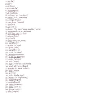 May include: A list of the top 100 most common Spanish words, with their English translations in parentheses. The list is numbered from 1 to 42.