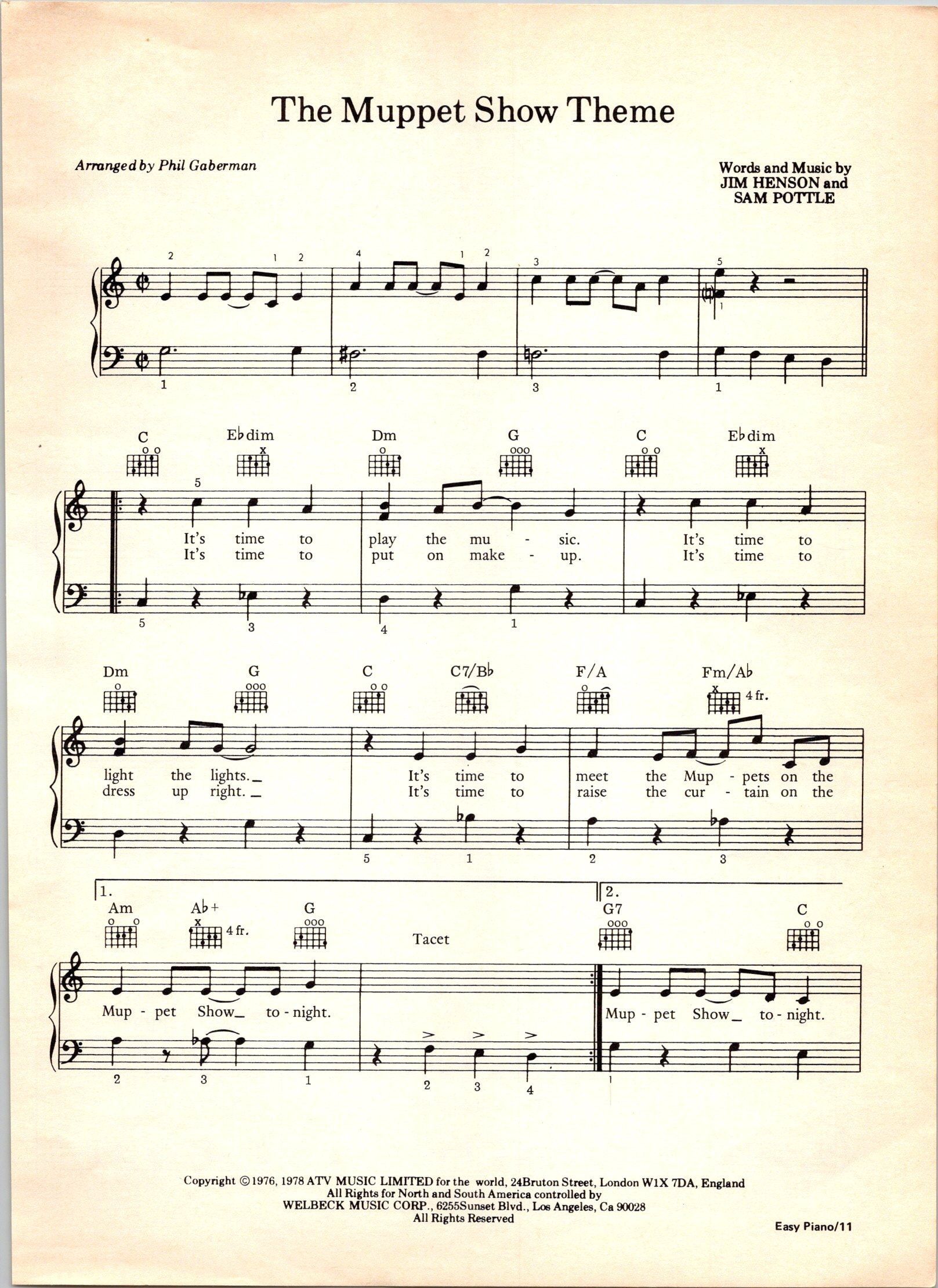 The Muppet Show Theme - Digital Sheet Music Piano Lyrics Chords - Key of C