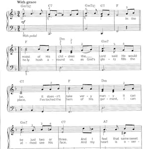 Könnte beinhalten: Eine Notenblattseite mit dem Titel "Surely the Presence of the Lord is in This Place" und Texten für ein Lied. Die Musik ist in G-Dur geschrieben und enthält Akkorde für Gitarre und Klavier.