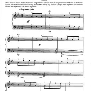Puede incluir: Una partitura musical con el título "Sinfonía No. 5" de Ludwig van Beethoven. La música está escrita en Do mayor y en compás de 4/4. Se muestran las primeras compases de la pieza, con la melodía comenzando en la mano derecha y continuando en la izquierda. El texto "Allegro con brio" está escrito sobre la música.