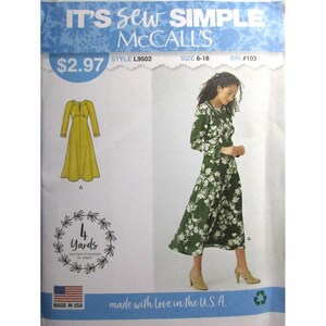 May include: A McCall's sewing pattern envelope for style L9502, size 6-18. The front displays a yellow dress illustration and a photograph of a green dress with a white floral print. Text includes IT'S SEW SIMPLE, 4 YARDS, and made with love in the U.S.A.