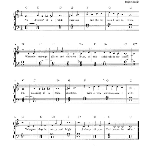 White Christmas - Easy Digital Piano & Lyrics Sheet Music - Key of C
