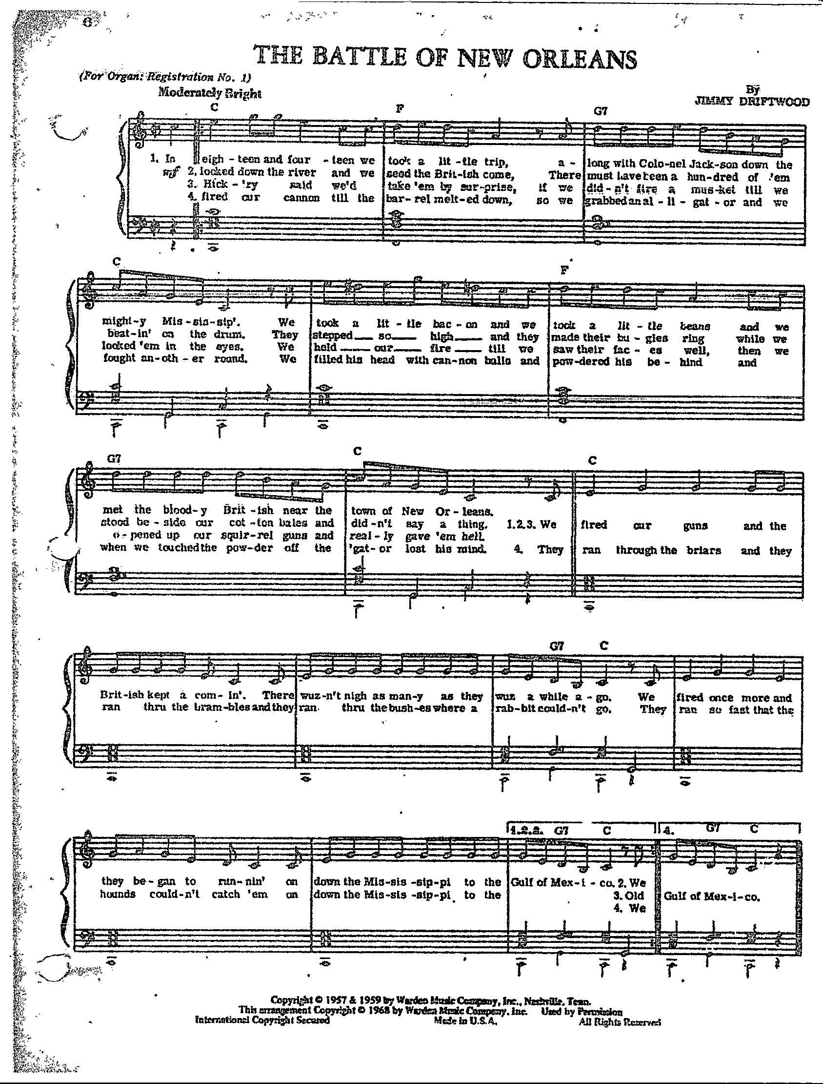 The Battle of New Orleans Digital Sheet Music Key of C Easy Arrangement