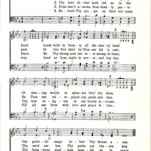 May include: A sheet of music with the title "God of Our Fathers, Whose Almighty Hand" and lyrics for a hymn. The music is written in a traditional style with treble clef and bass clef.