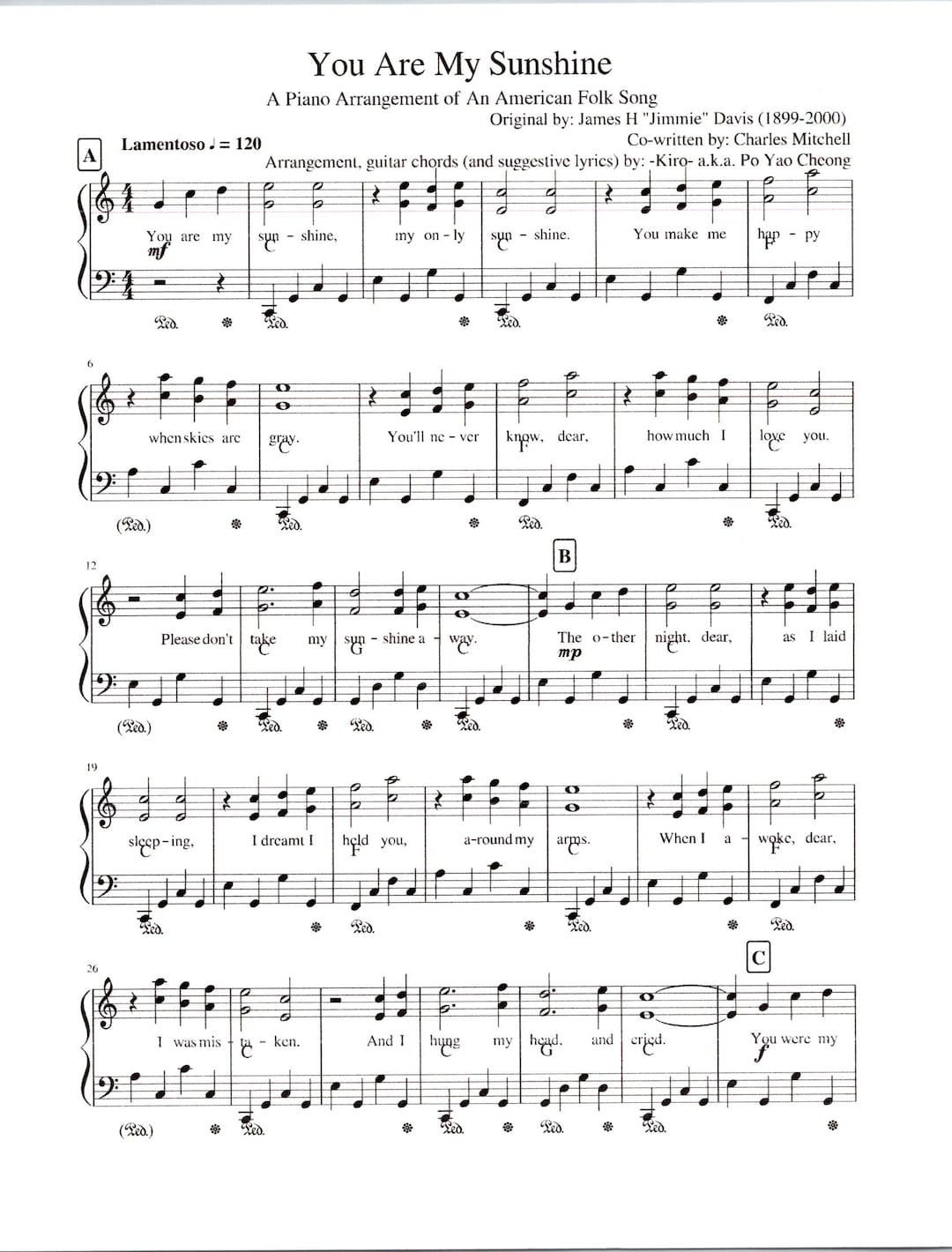 You Are My Sunshine Digital Sheet Music Key of C Etsy