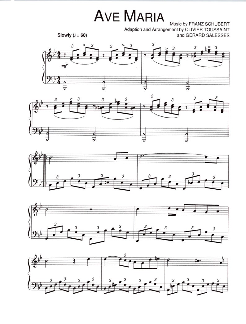 Ave Maria by Franz Schubert Piano Solo Digital Sheet Music Key of B