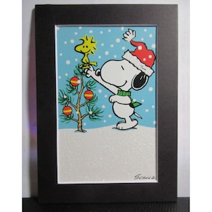 Snoopy at Christmas with Woodstock in 5&quot; X 7&quot; Black Matted Hallmark Card