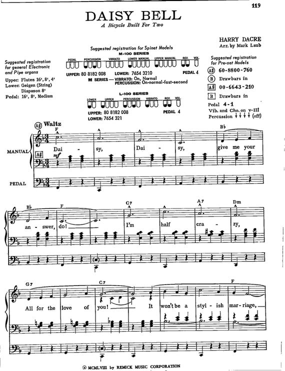 Daisy Bicycle Built for Two and Dark Eyes Digital Organ Sheet
