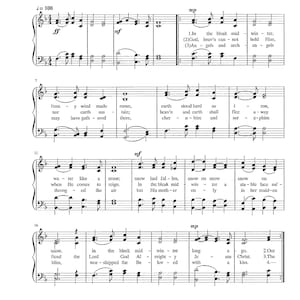 Pode incluir: Uma partitura musical para a canção "In the Bleak Midwinter" de Christina Rossetti, com música de Gustav Holst. A partitura é escrita na clave de sol e em compasso de 4/4. A letra está impressa abaixo da notação musical.
