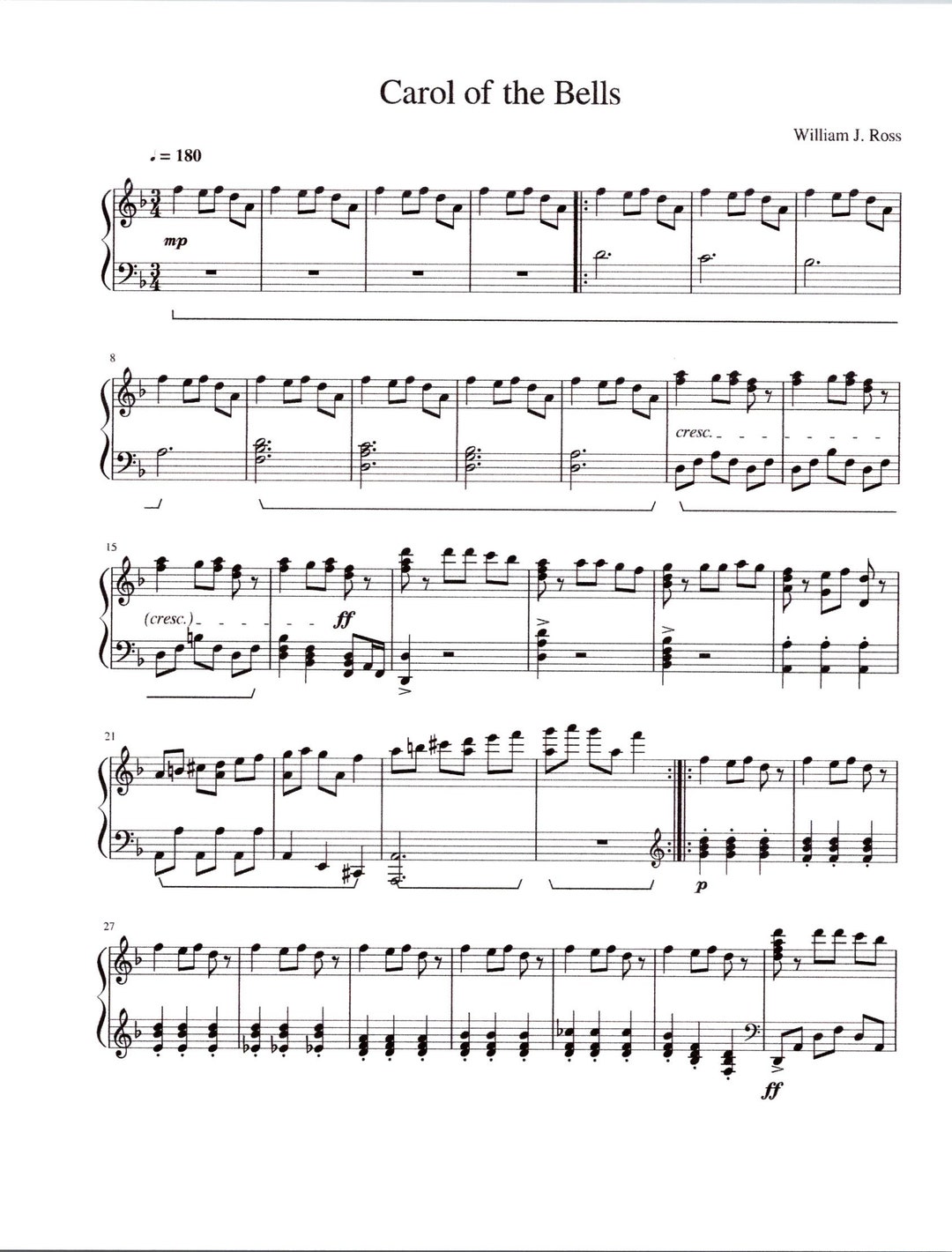 Carol of the Bells Piano Solo - Digital Christmas Sheet Music ...