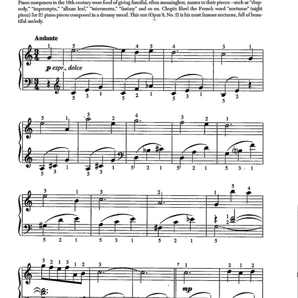 Nocturne by Frederic Chopin Digital Piano Sheet Music for Late Beginner Key of C