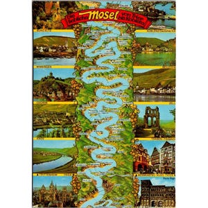 Może przedstawiać: Vintage pocztówka przedstawiająca mapę rzeki Mozeli w Niemczech, z ilustracjami miast i zabytków wzdłuż rzeki. Pocztówka zawiera tekst w języku niemieckim, z napisem "Die liebliche Mosel von Trier bis Koblenz" na górze.