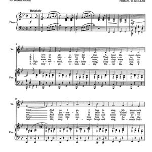 May include: A sheet music score for a song titled "The Happy Wanderer" by Antonia Ridge. The song is in the key of G major and has a time signature of 4/4. The lyrics are printed below the music staff and include the words "I love to wander", "The sky larks", "A long the mountain", and "Until the day I".