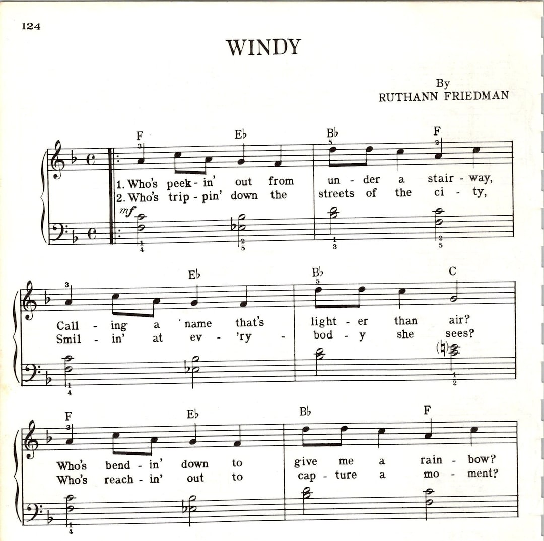 Windy - Sheet Music DIGITAL Late Beginner Level Key of F for Piano ...