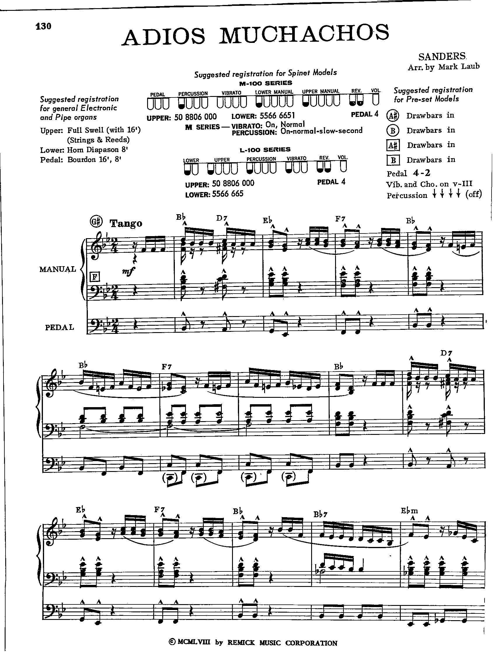 Adios Muchachos - Digital Organ Sheet Music Key of B Flat Early ...