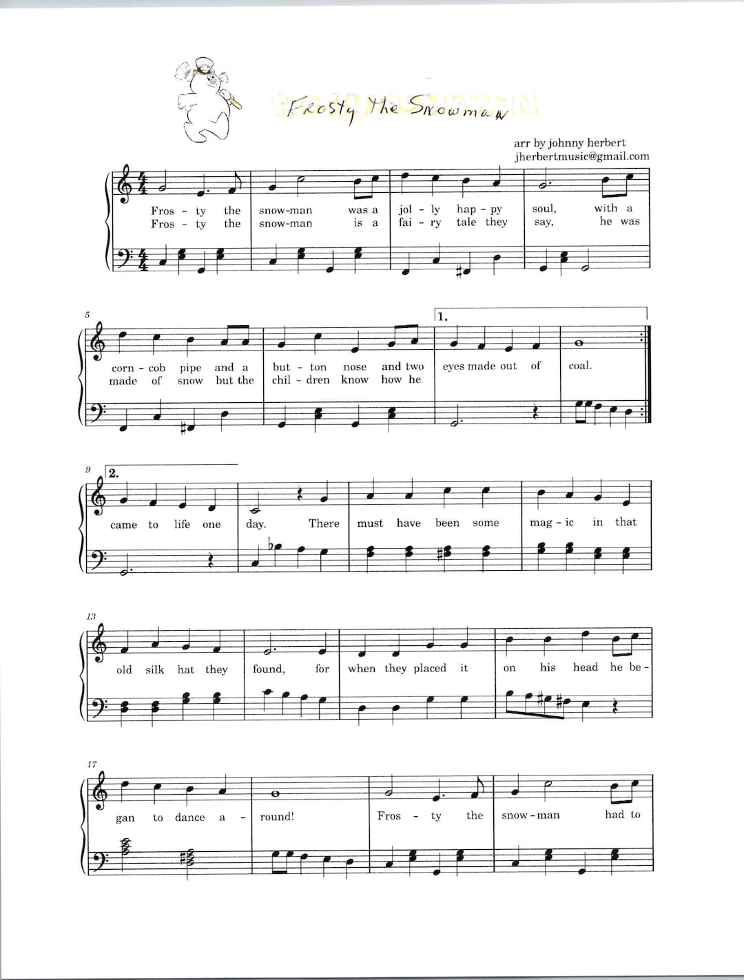 Frosty the Snowman - Christmas Digital Download With Lyrics - Key of C ...