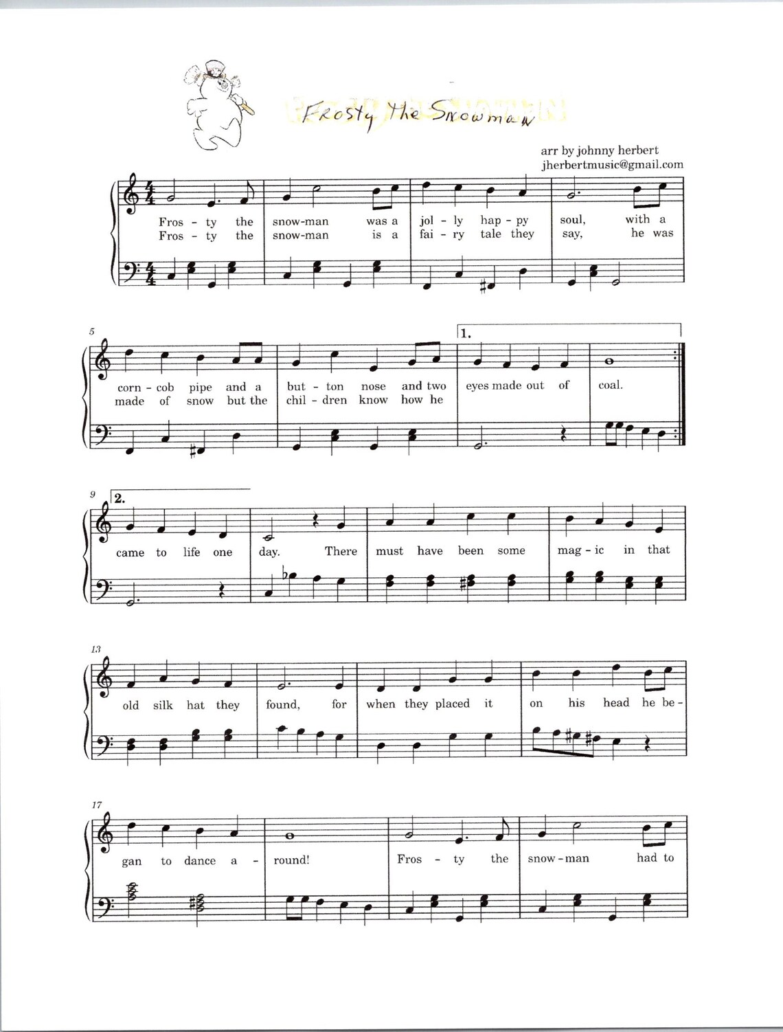 Frosty the Snowman - Christmas Digital Download With Lyrics - Key of C ...