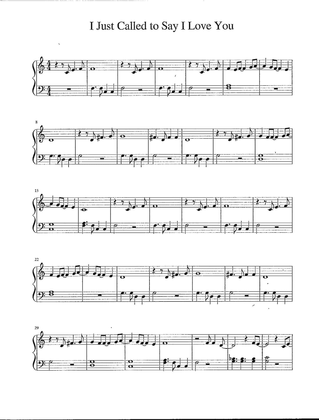 I Just Called to Say I Love You - Digital Easy Piano Solo - Key of