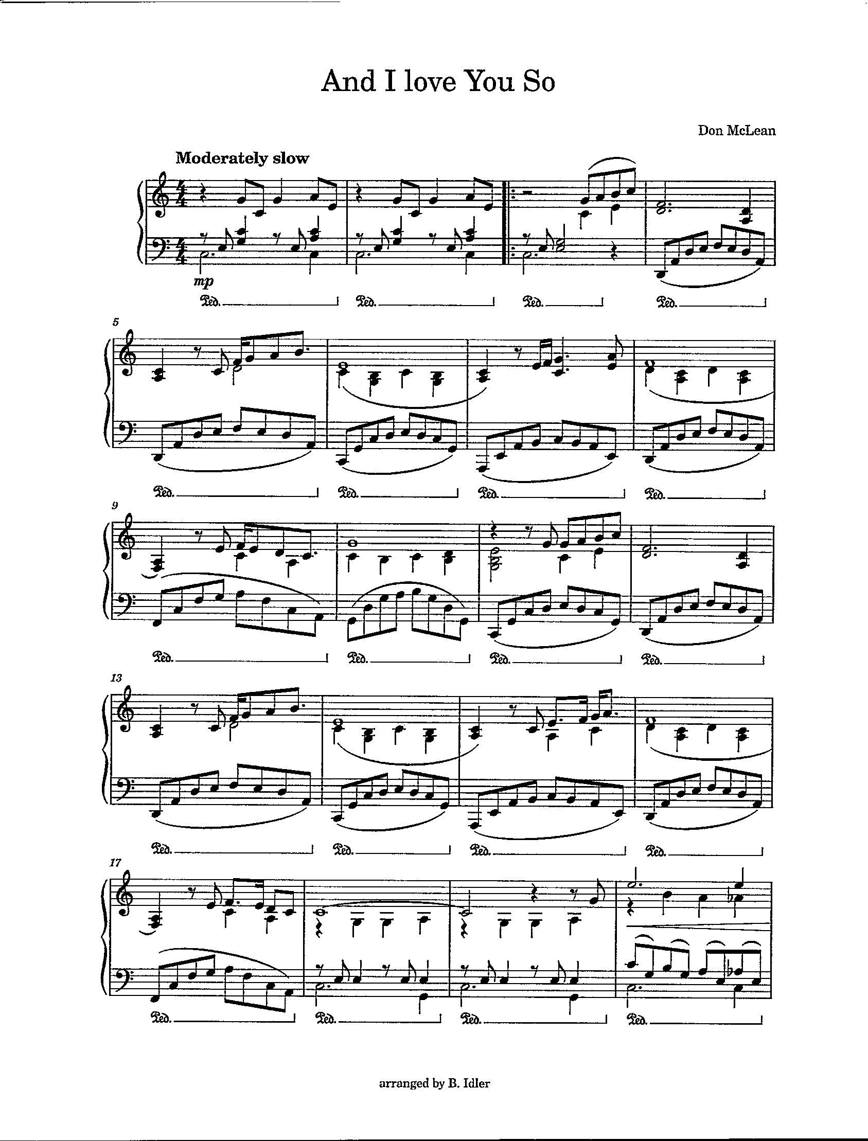 And I Love You so - Digital Piano Solo Sheet Music - Key of C - Etsy