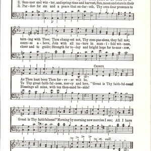 May include: A black and white sheet music page with the title "Great Is Thy Faithfulness" and lyrics for a Christian hymn. The sheet music includes musical notes and lyrics for the song.