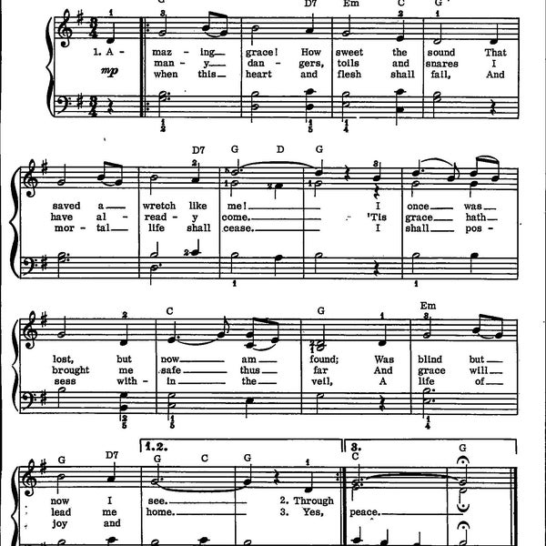 Amazing Grace - Digital Hymn Sheet Music for Piano Organ Guitar Voice Key of G