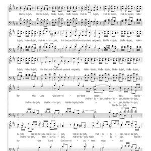 Op de afbeelding: Een bladmuziekpartituur voor het Hallelujah-koor van Georg Friedrich Händel. De partituur is geschreven in zwarte inkt op wit papier en bevat de tekst van het koor.