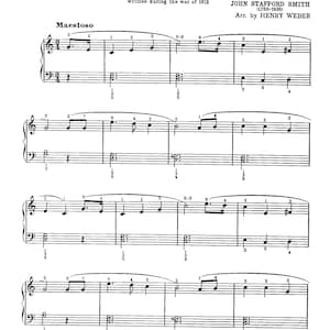 Puede incluir: Partitura para el Himno Nacional de los Estados Unidos, The Star-Spangled Banner, escrito durante la Guerra de 1812. La música está arreglada para piano por Henry Weber. El compositor, John Stafford Smith, es acreditado por la composición original.